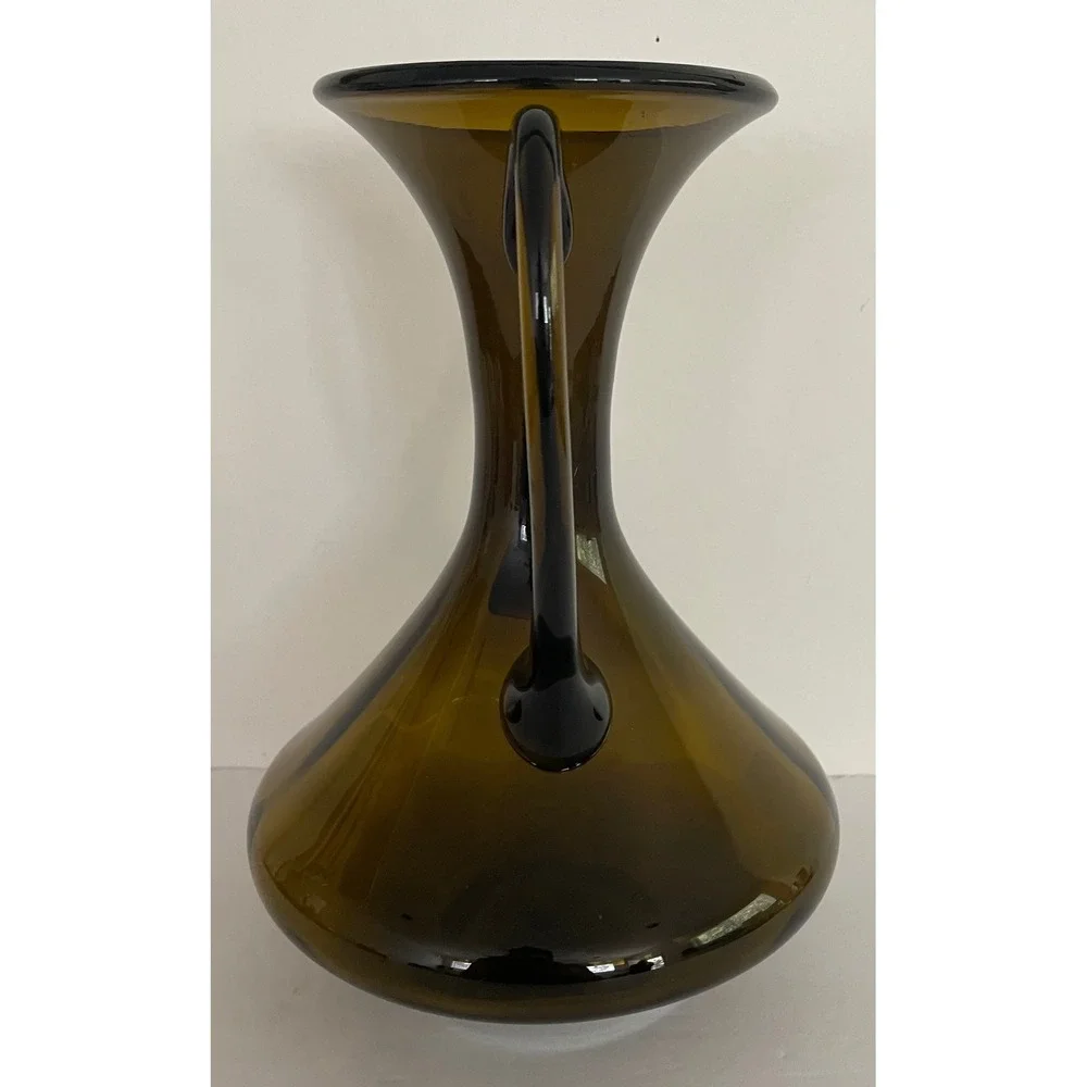 Vtg Mid Century Modern Empoli Glass Double Handle Hand Blown Olive‎ Brown 10.5